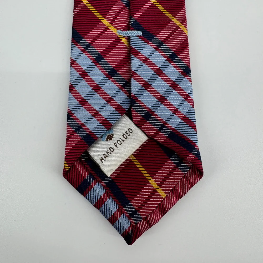 Peter Millar‎ Silk Tie Red Blue Plaid Tartan Hand Folded 100% Silk Necktie